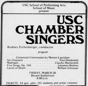 A Daily Trojan advertisement for the 1981 USC Chamber Singers centennial concert.