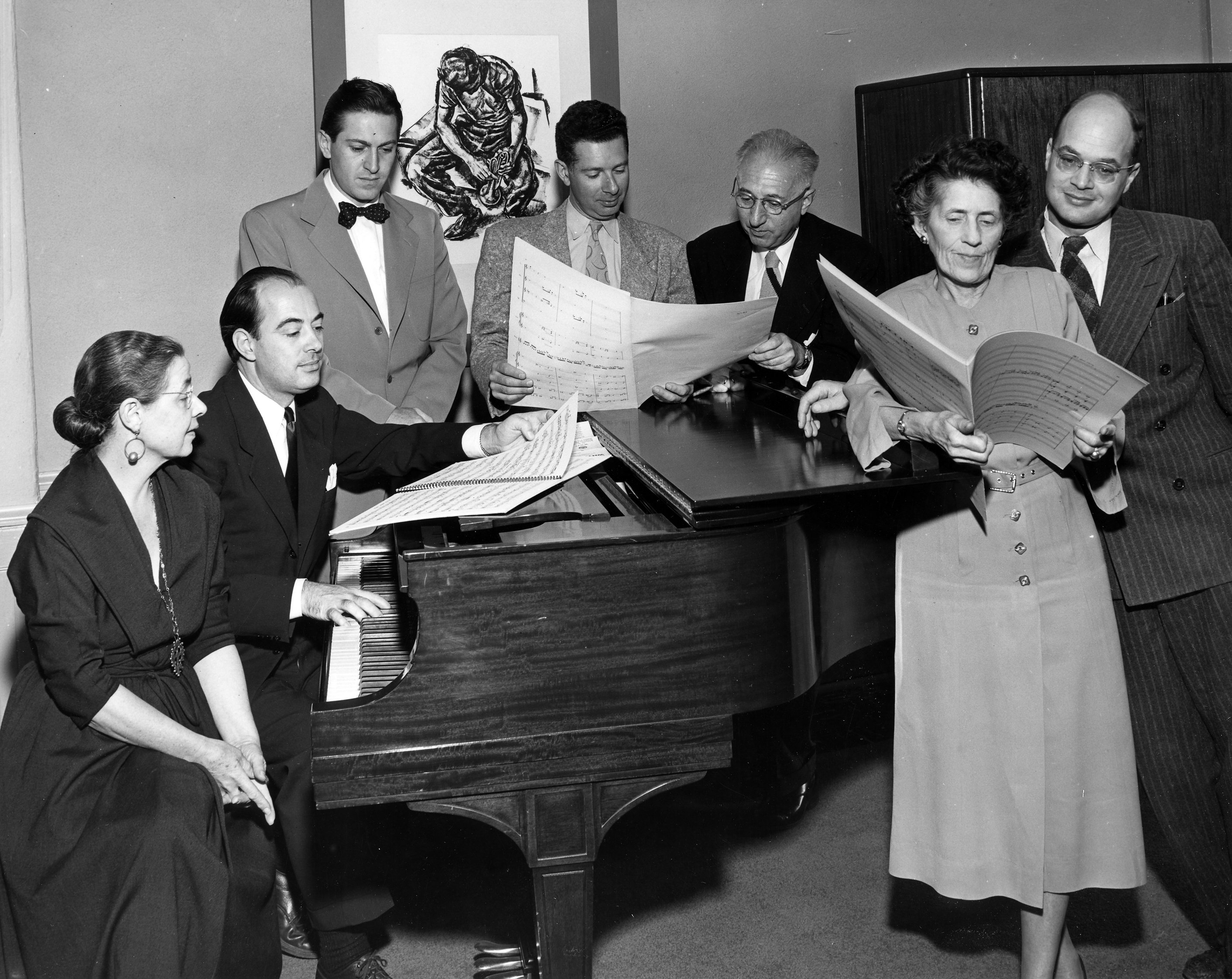 From left to right: Julia Howell Overshiner, Halsey Stevens, Leon Kirchner, Ellis B. Kohs, Ernest Kanitz, Mabel Woodworth, Ingolf Dahl.