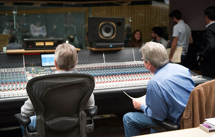 Al Schmitt and SMPTV director Daniel Carlin observe the USC Thornton Jazz Orchestra from the control room  (Photo/Chandler Golan)