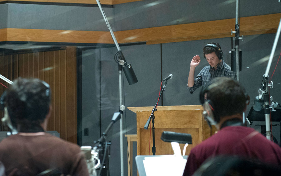 SMPTV student Toby Sherriff conducts the USC Thornton Jazz Orchestra in a recording session at Capital Records 'Studio A'  (Photo/Chandler Golan)