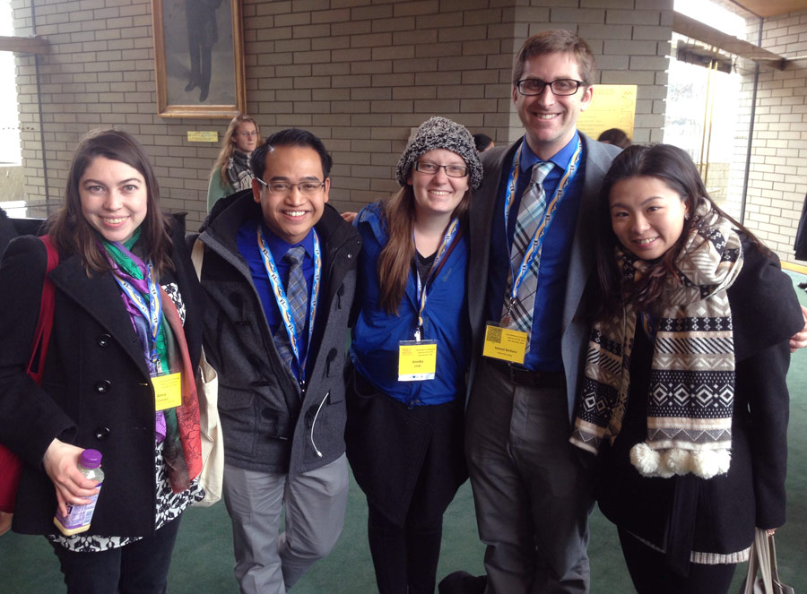 A number of Thornton alumni gathered at the conference, including (left to right) Anna O'Connell, Jason Sabino, Annika Linde, Samuel Barbara, and current DMA student Jenny Wong.