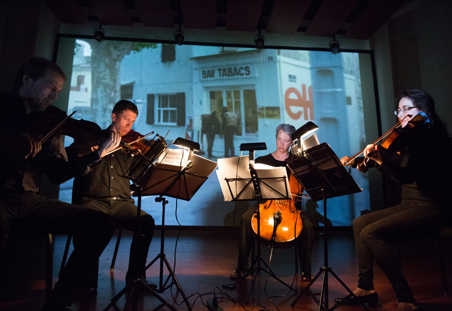 The Penderecki String Quartet performs Joanna Bruzdowicz's String Quartet No. 1, “La Vita” to a film by Agnès Varda (Photo/David Johnston)