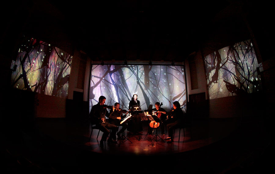 The Penderecki String Quartet and soprano Rebekah Barton perform Veronika Krausas' “midaregami” to an animation by Mike Patterson & Candace Reckinger (Photo/Mike Patterson)