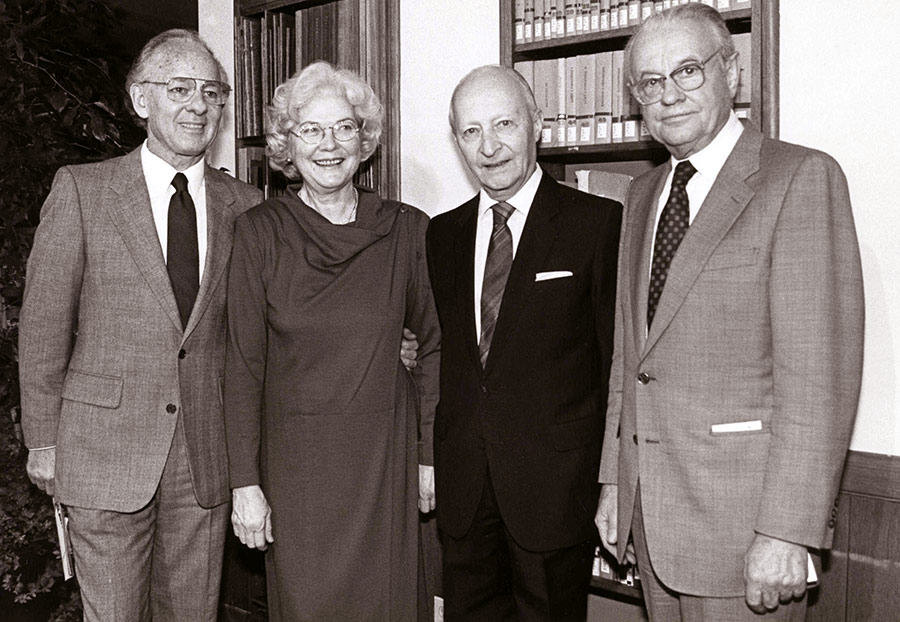 Wanda Wilk standing beside Witold Lutoslawski, USC Dean Thompson and her husband, Stefan Wilk during one of Lutoslawski’s visits to the Polish Music Center in 1985.