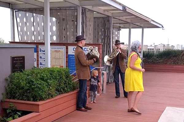 In his Toy District rooftop scene, Thornton student Matt Otto is both a horn player and opera character. (Instagrammer @itsagirl28)