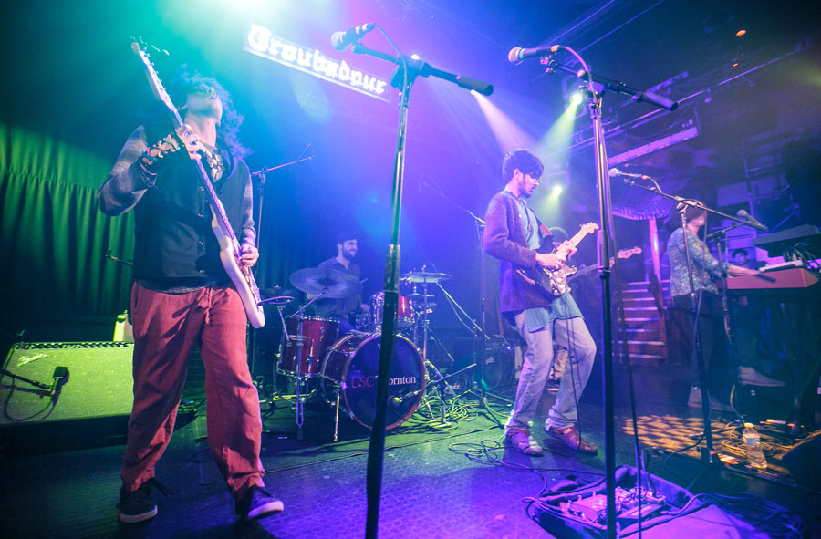 Rocking out are (left to right) Rowdy Kanarek on guitar, Carter Couron on drums, Sidharth Gupta on guitar, Sean Alexander on bass (partially hidden from view) and Evan Fuhrer on the keyboard. (USC Photo/David Sprague)