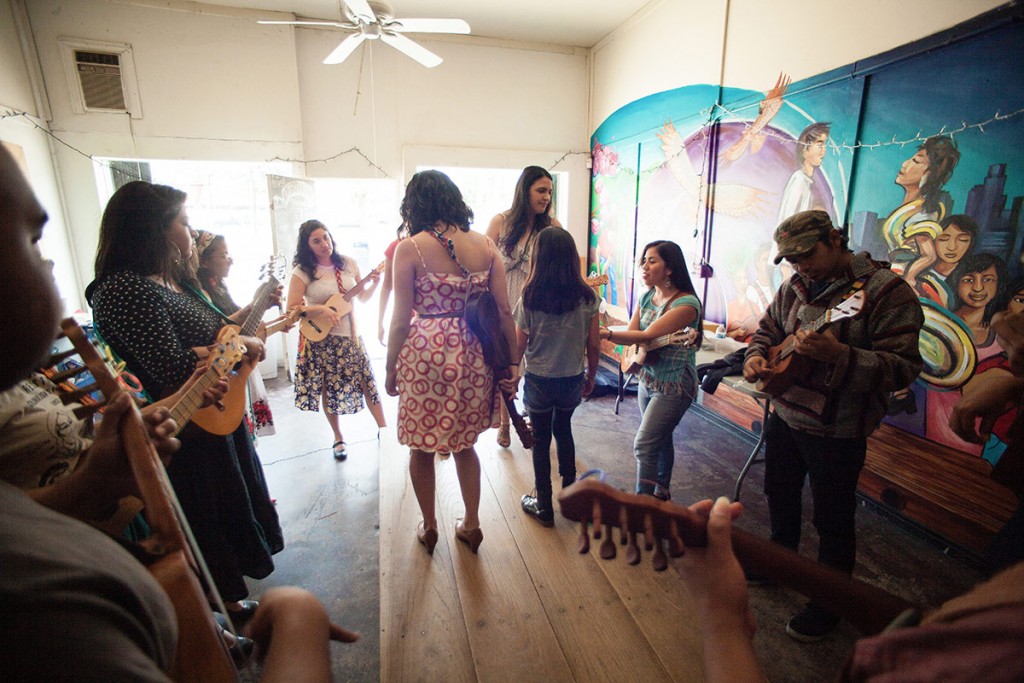 The mural that adorns the wall of the Eastside Café portrays a fandango, much like the one that Flores leads each Saturday. (Photo by Michael Becerra/Elefante Collective)