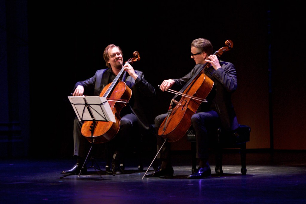 On May 15, 2016, German master cellists Jens Peter Maintz (left) and Wolfgang Emanuel Schmidt (right) performed as Cello Duello in the Opening Gala Concert of the Piatigorsky International Cello Festival in USC's Bovard Auditorium. (Photo by Dario Griffin)