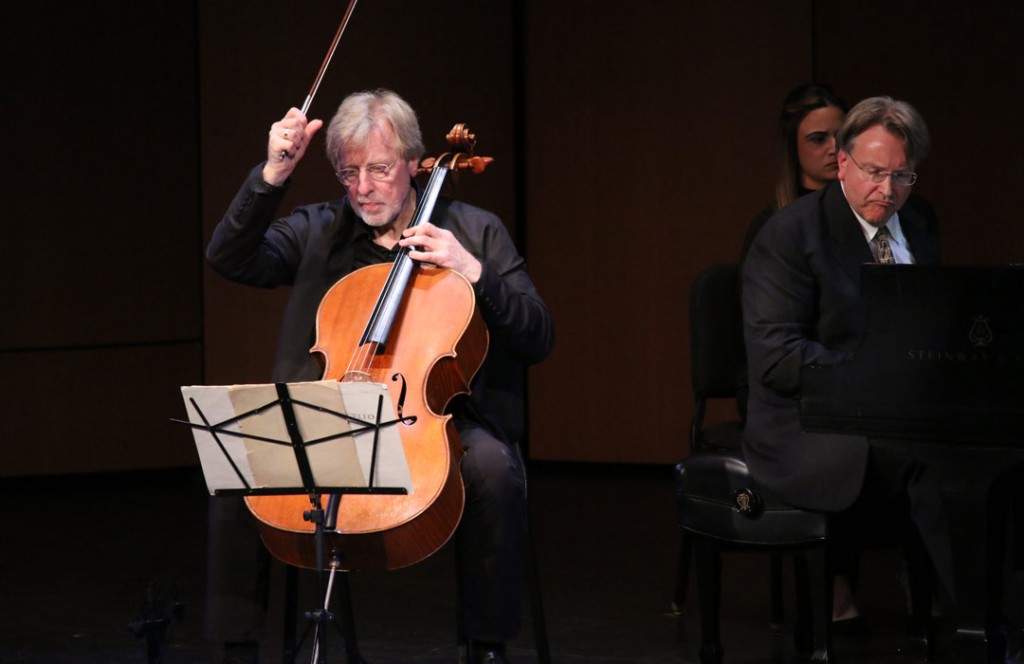 Cellist Frans Helmerson performs in an Evening Recital with USC Thornton faculty member Kevin Fitz-Gerald in this May 16th photo from USC’s Bovard Auditorium. (Photo by Daniel Anderson/USC)