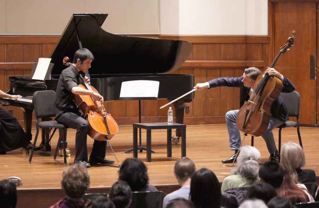 On May 17, German cellist Jens Peter Mainz led a master class with student Fellow Haran Meltzer at USC’s Alfred Newman Recital Hall. (Photo by Daniel Anderson/USC)