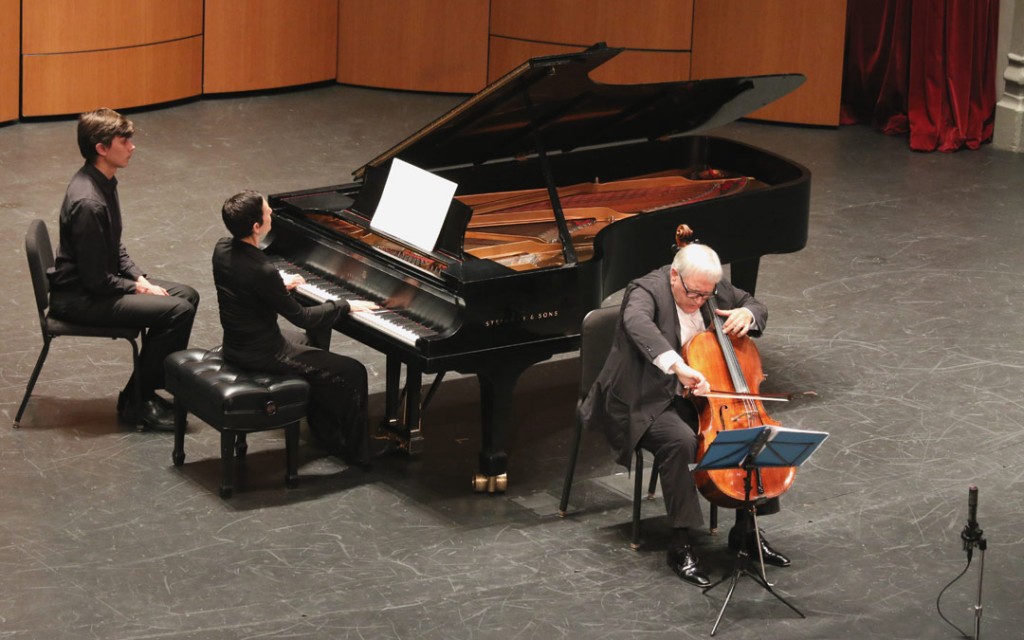 The May 18 Evening Recital at USC’s Bovard Auditorium featured cellist David Geringas and pianist Rina Dokshitsky performing Schnittke’s Cello Sonata No. 1. (Photo by Daniel Anderson/USC)