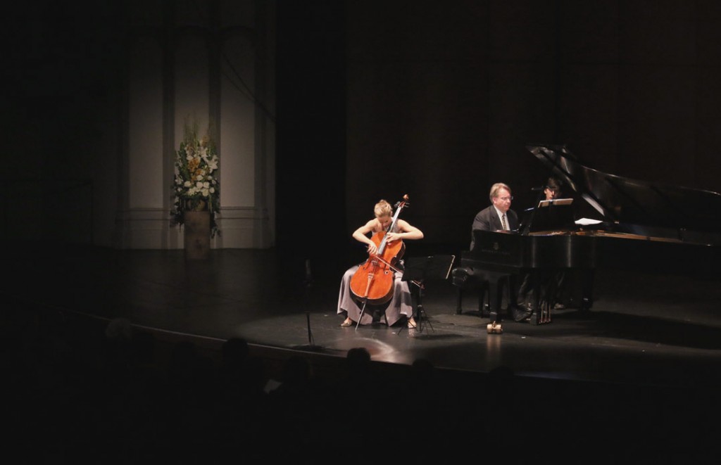 Cellist Sol Gabetta and pianist Kevin Fitz-Gerald were featured at the May 18 Evening Recital, performing Chopin’s Sonata in G minor, Op. 65 and his “Grand Duo Concertant,” Op. 16a. (Photo by Daniel Anderson/USC)