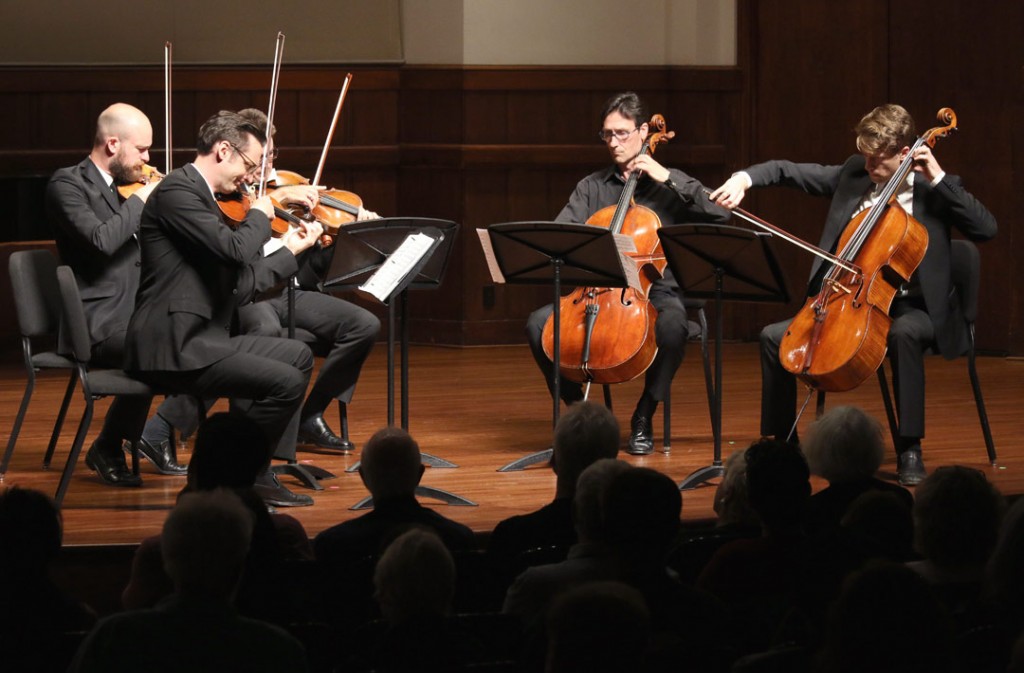 The Calder Quartet, which was formed at USC Thornton, performed with cellist Antonio Lysy at the May 18 Quintet+ concert. (Photo by Daniel Anderson/USC)