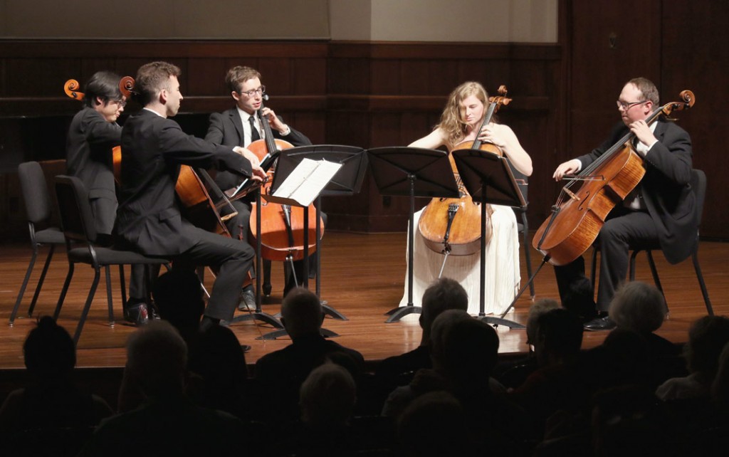 The SAKURA cello quintet, which is made up of USC Thornton students, performed at the May 18 Quintet+ concert. (Photo by Daniel Anderson/USC)