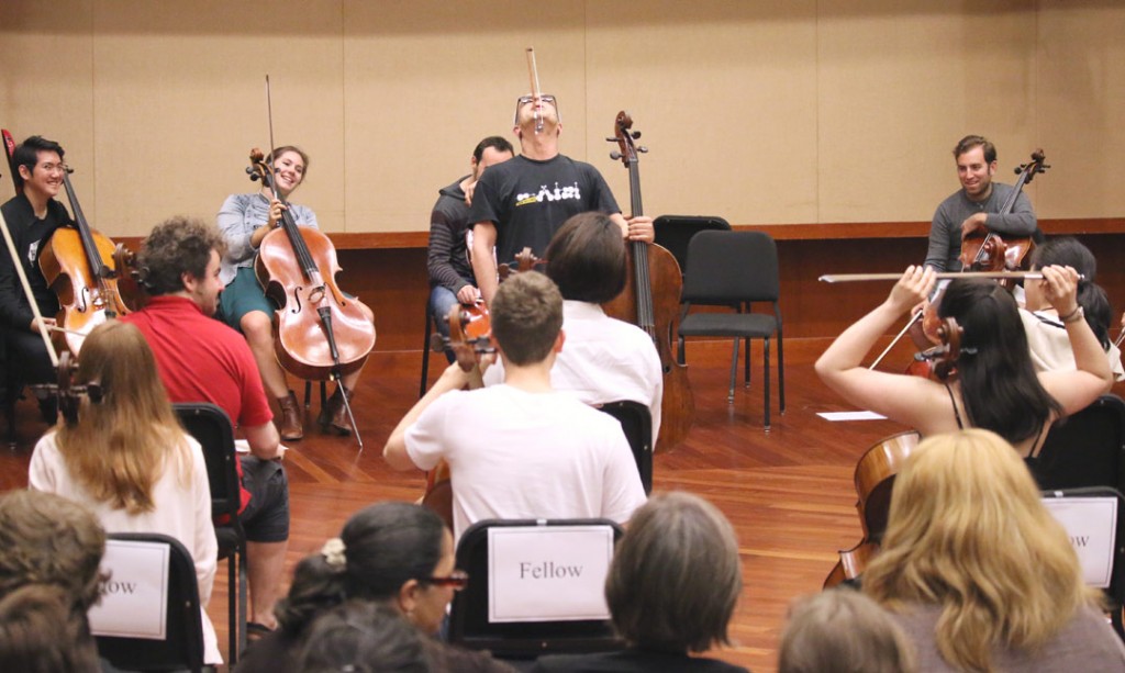 Italian cellist Giovanni Sollima led an energetic workshop in musical improvisation for student Fellows of the Piatigorsky International Cello Festival on May 19 at USC’s Schoenfeld Symphonic Hall. (Photo by Daniel Anderson/USC)