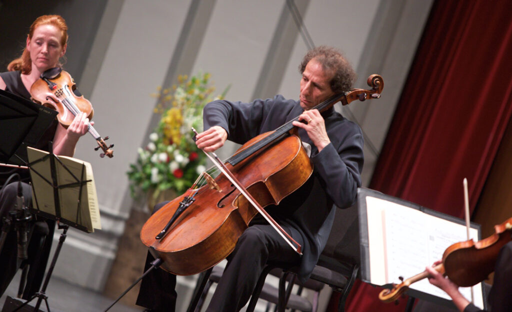 Cellist Colin Carr performed Vivaldi’s Concerto in C minor, RV 401 with the Los Angeles Chamber Orchestra at USC’s Bovard Auditorium on May 21st. (Photo by Dario Griffin/USC)