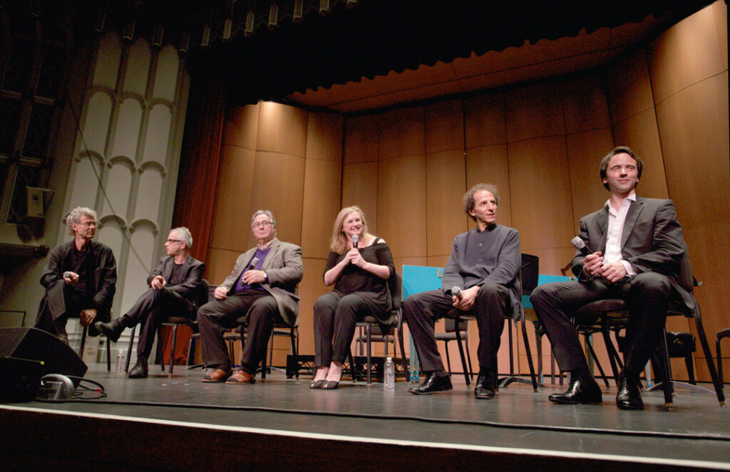 Following the May 21st Baroque Conversations concert with the Los Angeles Chamber Orchestra, soloists Jean-Guihen Queyras, Colin Carr, Thomas Demenga, and Giovanni Sollima, along with Festival artistic director Ralph Kirshbaum and LACO concertmaster Margaret Batjer, presented a “Q&A” session. (Photo by Dario Griffin/USC)