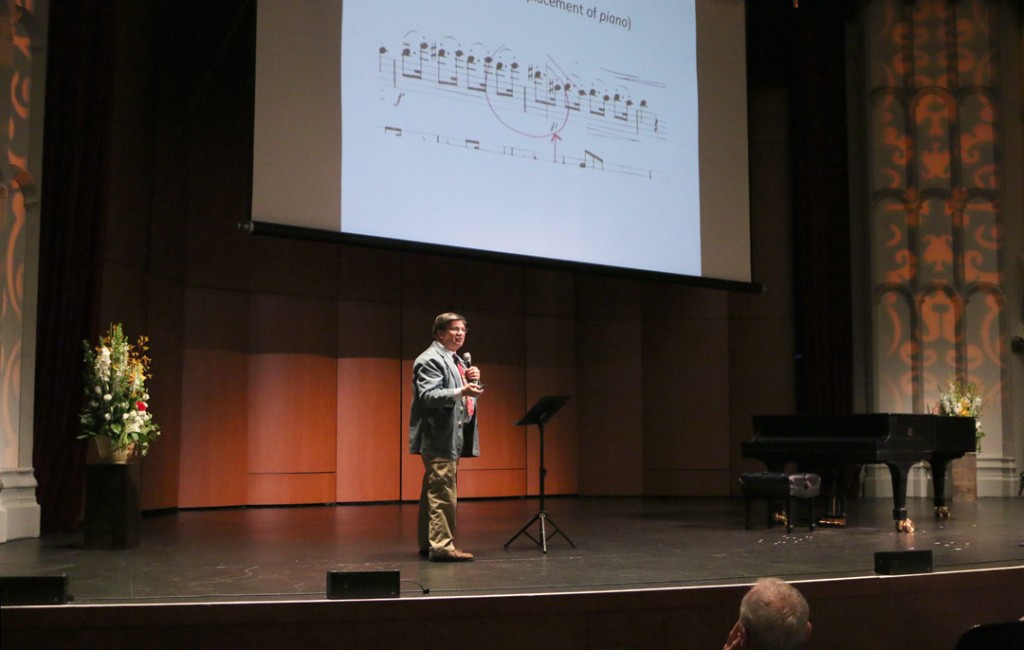 Cellist Jeffrey Solow presented a lecture, “Don’t Be an Urtext Victim” at USC’s Bovard Auditorium preceding the closing concert of the Piatigorsky International Cello Festival. (Photo by Daniel Anderson/USC)