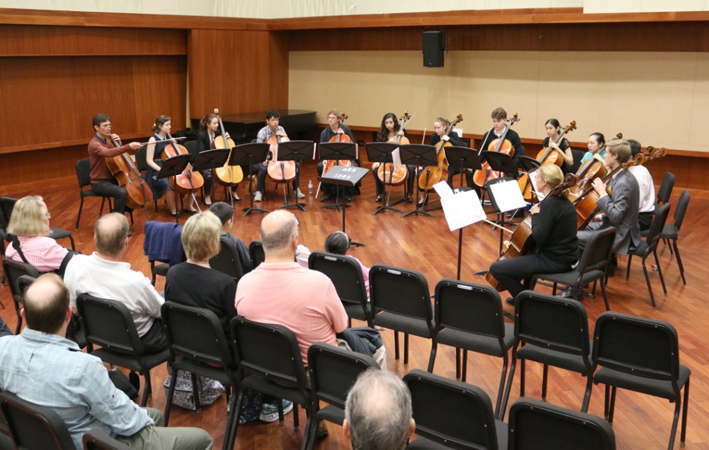 A dozen pre-college age cellists gathered for a workshop and performance May 22nd at USC’s Schoenfeld Symphonic Hall, under the guidance of Festival artist Antonio Lysy. (Photo by Daniel Anderson/USC)