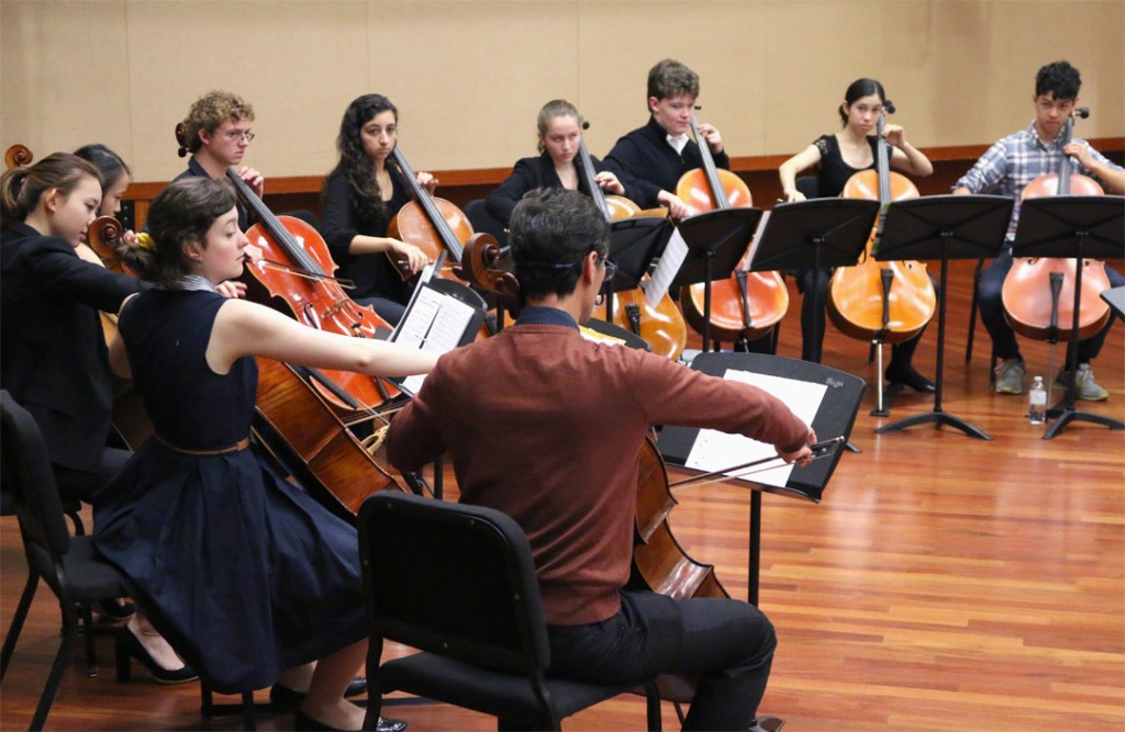 A dozen pre-college age cellists gathered for a workshop and performance May 22nd at USC’s Schoenfeld Symphonic Hall, under the guidance of Festival artist Antonio Lysy. (Photo by Daniel Anderson/USC)