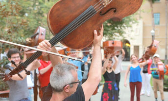Photo of group of cellists with their instruments outdoors