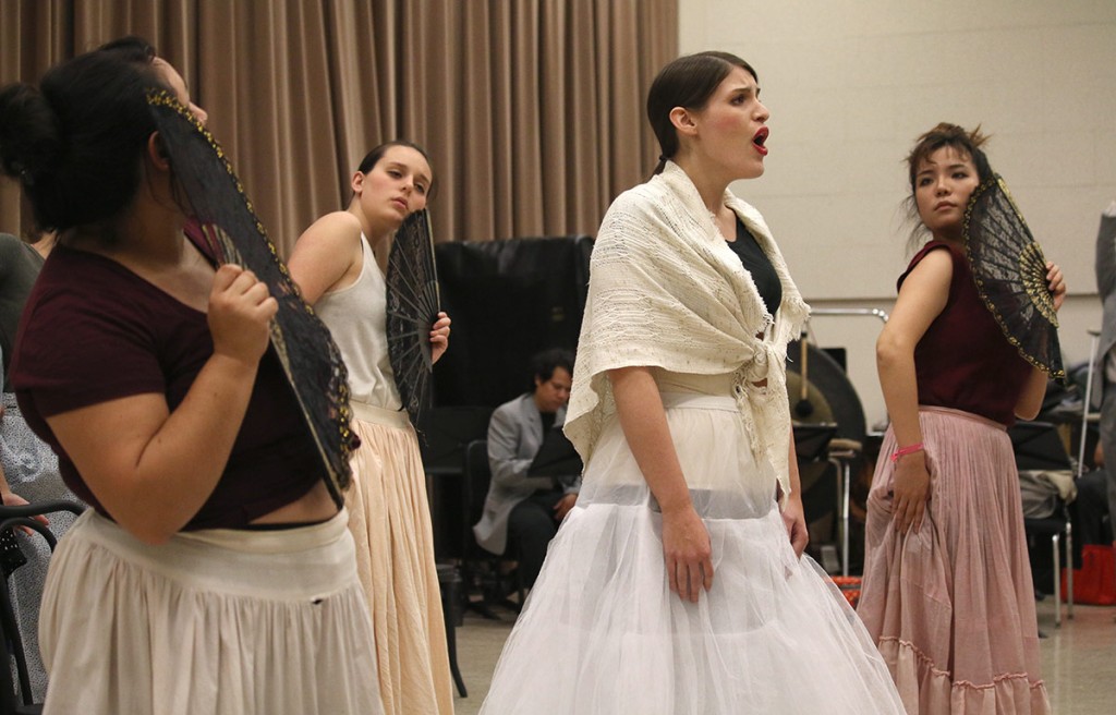 Graycen Gardner, at center, rehearses as Margarita Xirgu in Osvaldo Golijov's “Ainadamar.” (Photos by Erin Offenhauser)