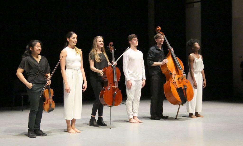 And sophomores from USC Thornton and USC Kaufman, including Sydney Mariano, Mariana Carrillo, Sophie Mantieu, Adam Vesperman, John Mietus, and Amaria Stern, participated in the Choreographers & Composers collaboration. (Photo by Mary Malaney)