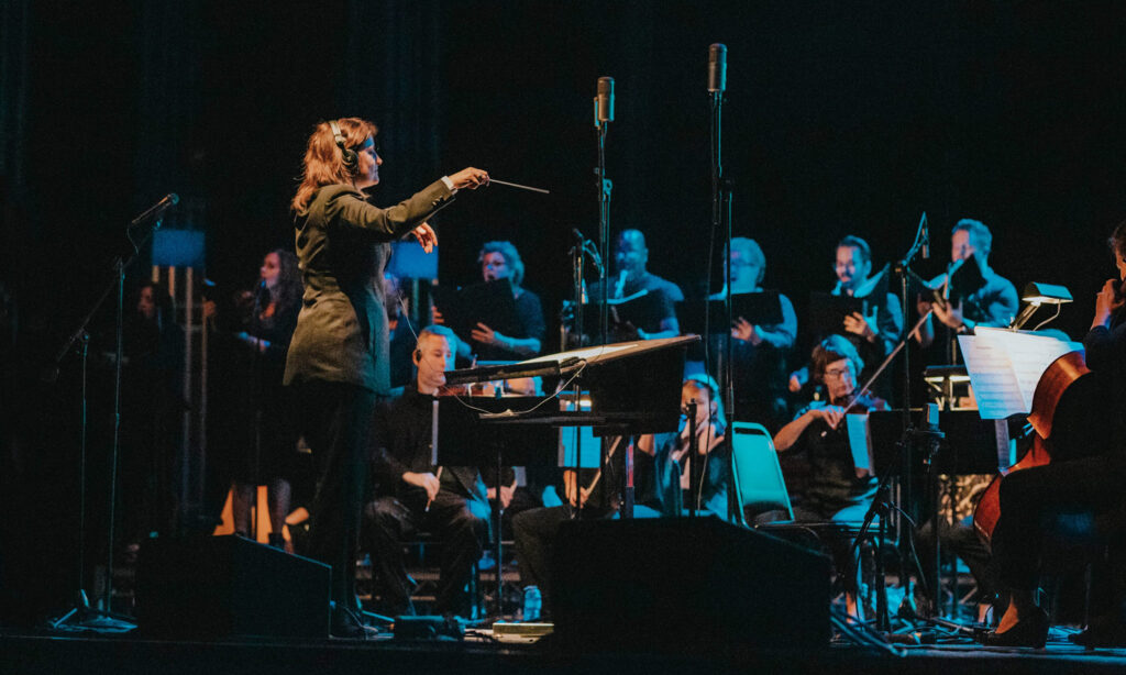 Sharon Lavery conducts the Hollywood Chamber Orchestra at “The Future is Female” on September 4th, 2018.