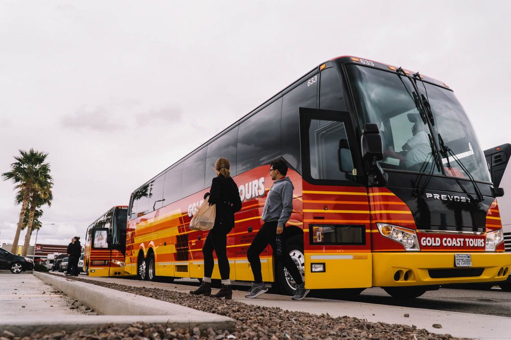 Anna Gilpatrick and Noah Brenneman step off the bus on the way to Arizona. (Photo by Chris O'Brien)