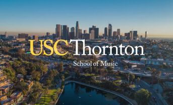 Photo of downtown LA with logo "USC Thornton School of Music"