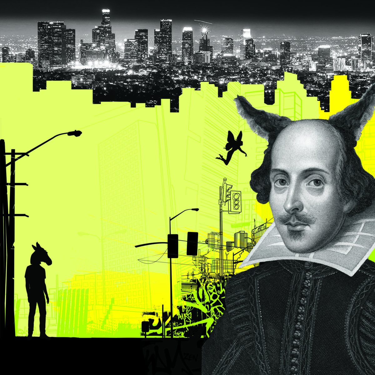 Illustrative promotional image for A Midsummer Night's Dream with cityscape and picture of Shakespeare.