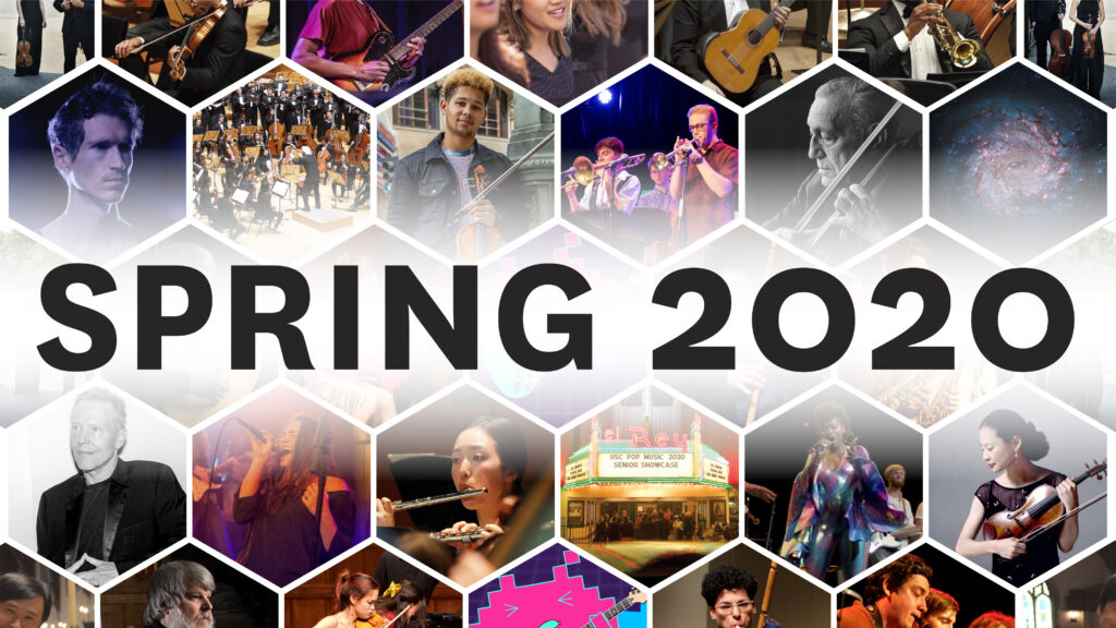 Tiles of photos of performers with text "Spring 2020"