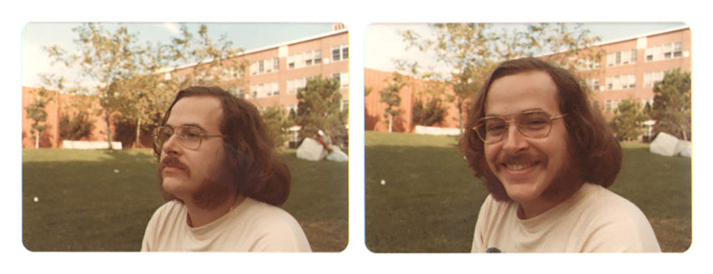 Side-by-side images of Bill Biersach in the 1970s, sitting outdoors at Thornton