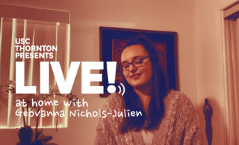 Photo of singer with text "Live! at home with Geovanna Nichols-Julien"