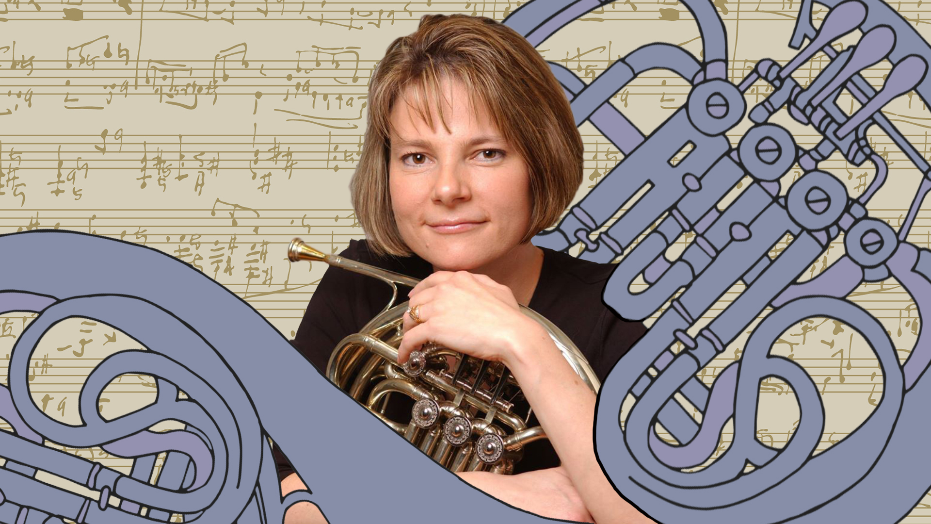 Kristy Morrell with design of french horn and sheet music