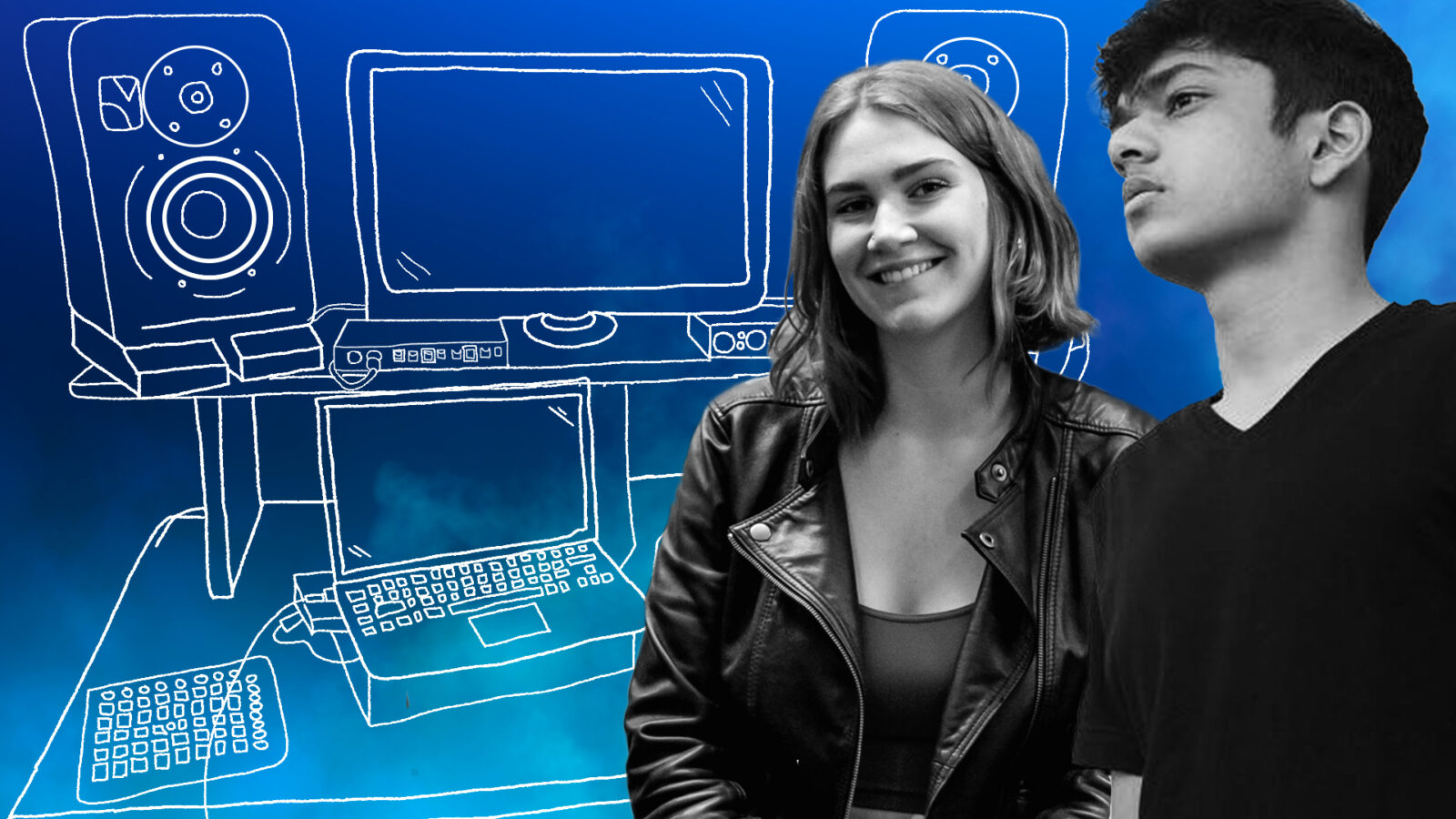 Blue graphic with pictures of two students in black and white 