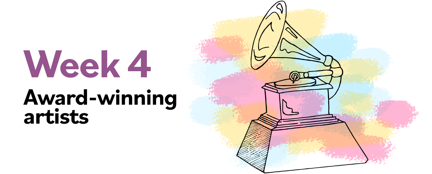 Image of record player with color splashes and text: "Week 4: Award-winning artists"