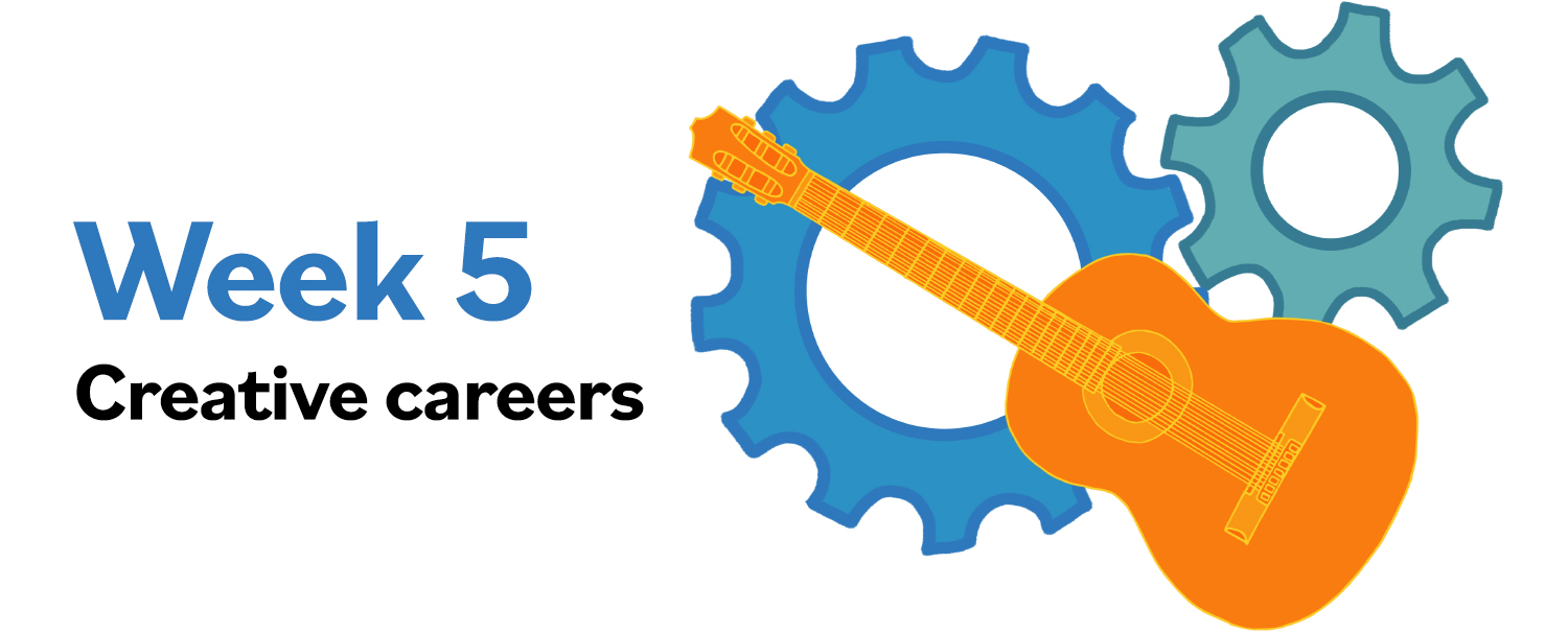 Images of a guitar and rotating gears with text "Week 5: Creative careers"