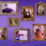Screenshot from video showing musicians in gold picture frames surrounded by animals
