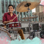 Image of drummer on downtown rooftop, surrounded by an illustration of splashy colors