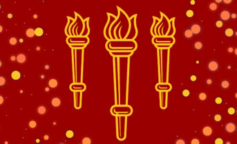 Gold outlines of USC torches on red backdrop