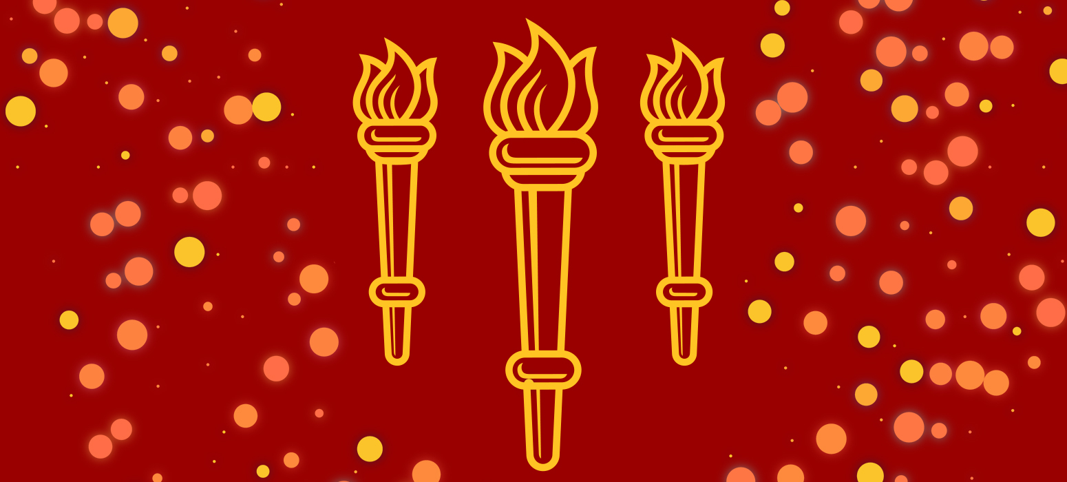 Gold outlines of USC torches on red backdrop