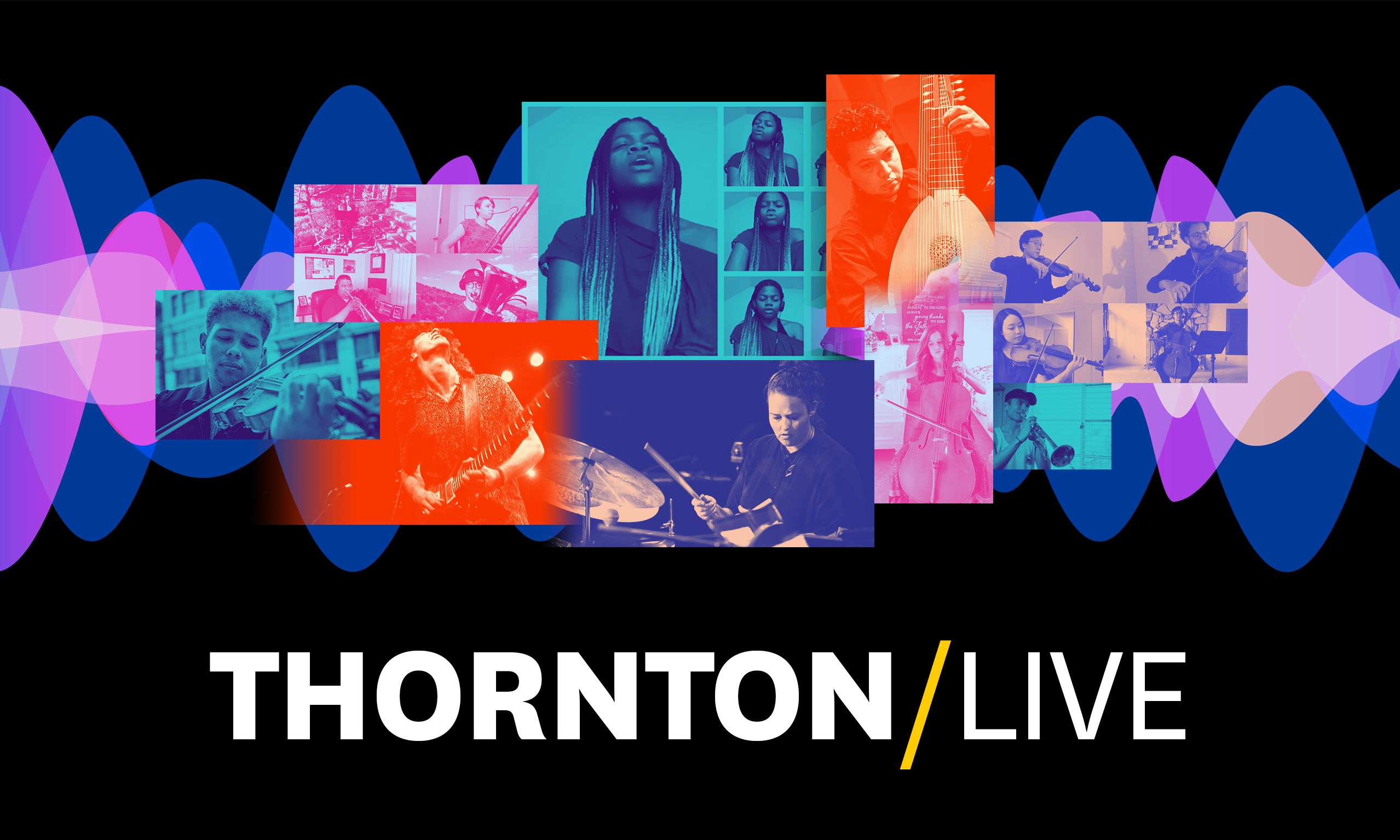 Colorful images of musicians and performers on a black backdrop with text: "Thornton / LIVE"