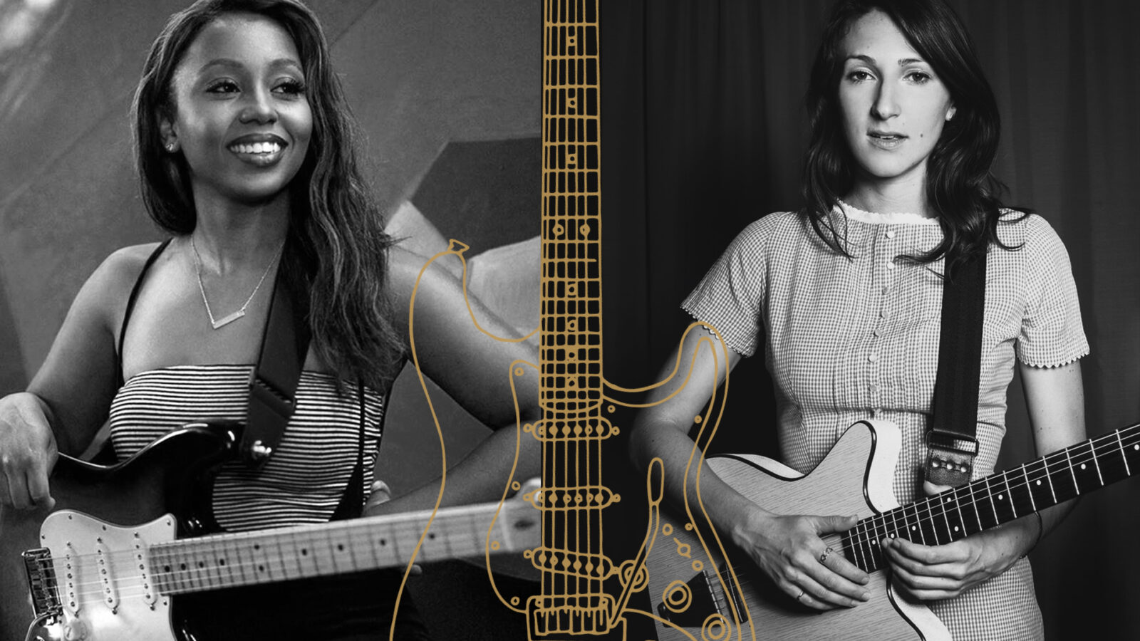 Side by side black and white images of Ari O'Neal and Molly Miller holding guitars, with a drawing of a guitar in the center 