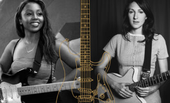 Side by side black and white images of Ari O'Neal and Molly Miller holding guitars, with a drawing of a guitar in the center