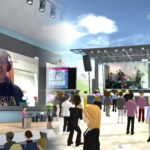 A composite image shows an animated concert video with virtual avatars watching a show, beside a virtual conference room