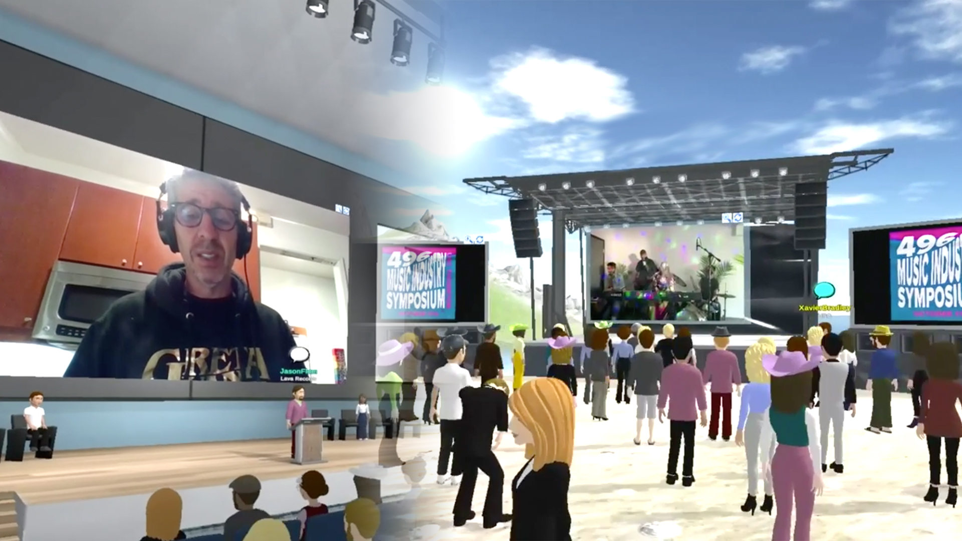 A composite image shows an animated concert video with virtual avatars watching a show, beside a virtual conference room