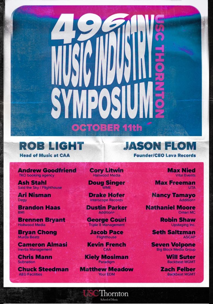 A flyer for the Music Industry Symposium lists names of guest speakers