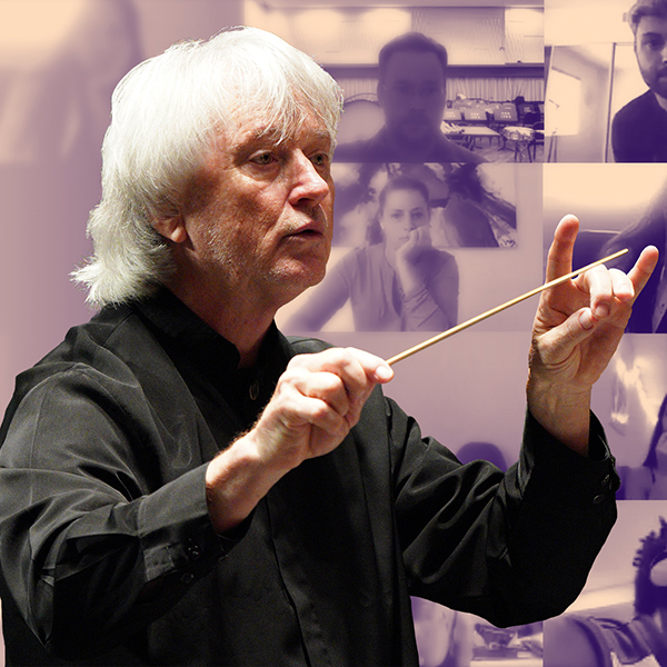 Carl St.Clair conducting against a backdrop of students listening on Zoom