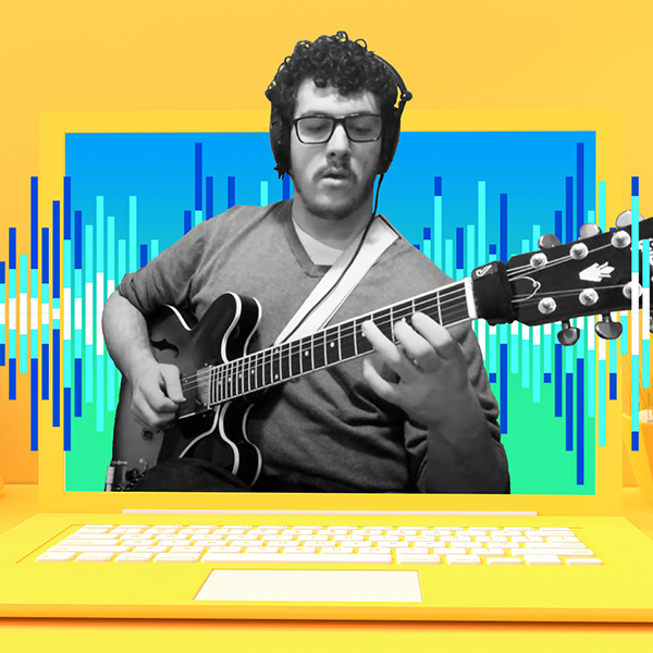 A graphic featuring a guitarist wearing headphones appearing inside of a bright yellow laptop screen